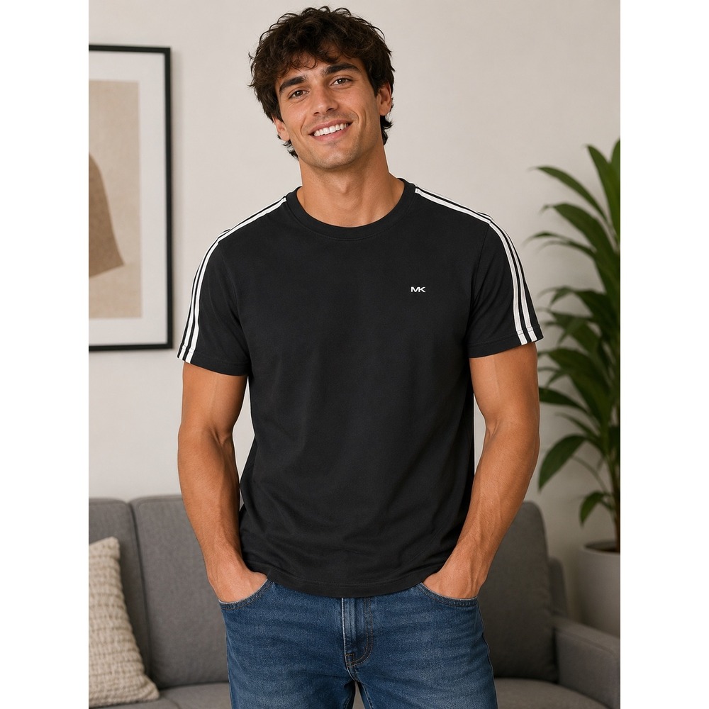 Michael Kors Mens Size Medium MK Black Stripe Sleeve T-Shirt Crew Neck Casual